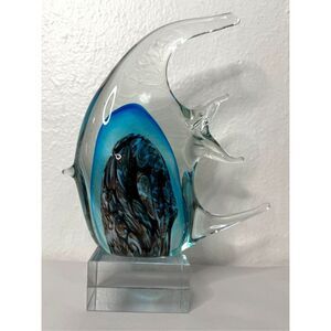 Handblown Murano? Glass Angel Fish Art Sculpture Bubbles Footed Plate 10”